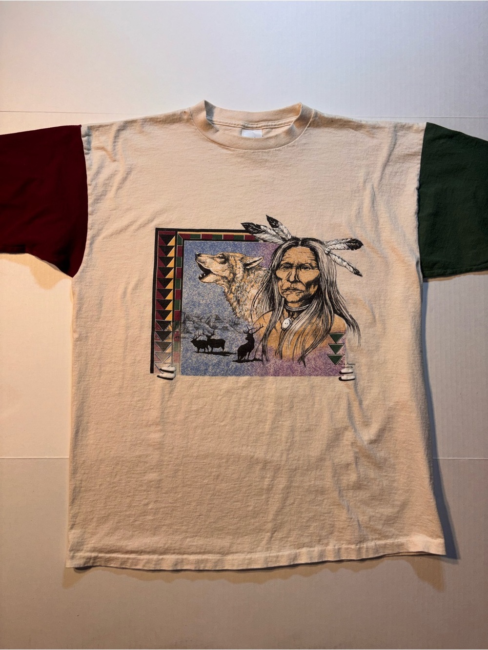 Vtg Prairie Mountain Native American Indian Wolf Nature 90’s USA Tshirt XL